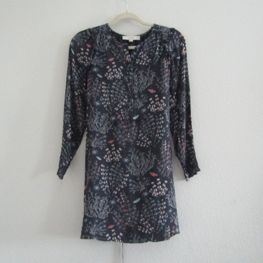 Loft Tunic Dress XS Petite Gray Floral Romantic Boho Casual Fall